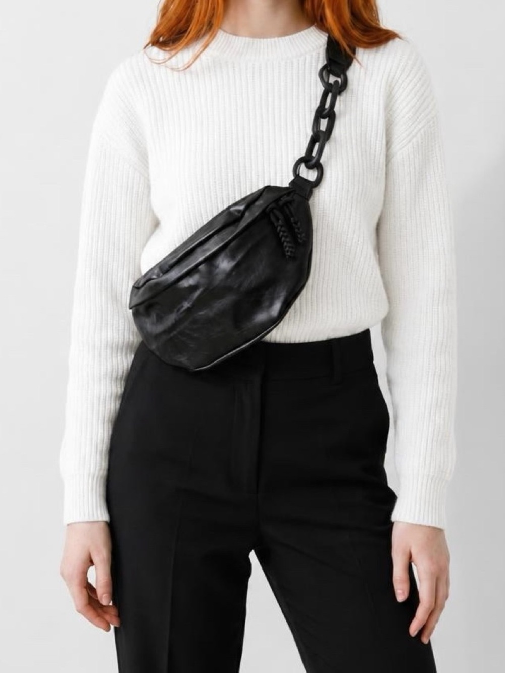 Women's Black Leather Crossbody Belt Bag with Chain Strap